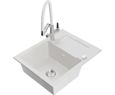 Granitinė virtuvinė plautuvė Mexen Enzo su maišytuvu ir sifonu, Baltas+Baltas/Chrome