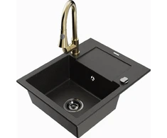 Granitinė virtuvinė plautuvė Mexen Enzo su maišytuvu ir sifonu, Metallic juodas/auksinis+Gold