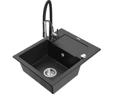 Granitinė virtuvinė plautuvė Mexen Enzo su maišytuvu ir sifonu, Metallic juodas/sidabrinis+Juodas/Chrome