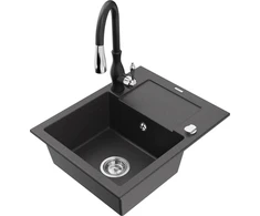 Granitinė virtuvinė plautuvė Mexen Enzo su maišytuvu ir sifonu, Juodas granite+Juodas