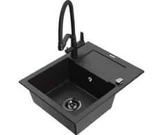 Granitinė virtuvinė plautuvė Mexen Enzo su maišytuvu ir sifonu, Metallic juodas/sidabrinis+Juodas
