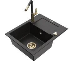 Granitinė virtuvinė plautuvė Mexen Enzo su maišytuvu ir sifonu, Metallic juodas/sidabrinis+Juodas/Gold