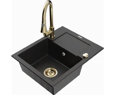 Granitinė virtuvinė plautuvė Mexen Enzo su maišytuvu ir sifonu, Metallic juodas/sidabrinis+Gold