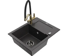Granitinė virtuvinė plautuvė Mexen Enzo su maišytuvu ir sifonu, Juodas granite+Juodas/Gold