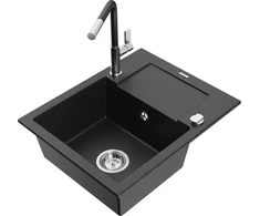 Granitinė virtuvinė plautuvė Mexen Enzo su maišytuvu ir sifonu, Metallic juodas/sidabrinis+Juodas/Chrome