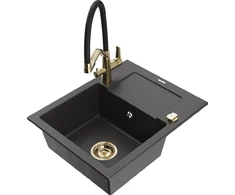 Granitinė virtuvinė plautuvė Mexen Enzo su maišytuvu ir sifonu, Juodas granite+Juodas/Gold