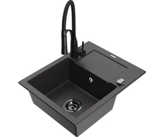 Granitinė virtuvinė plautuvė Mexen Enzo su maišytuvu ir sifonu, Juodas granite+Juodas