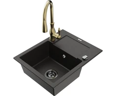 Granitinė virtuvinė plautuvė Mexen Enzo su maišytuvu ir sifonu, Metallic juodas/auksinis+Gold