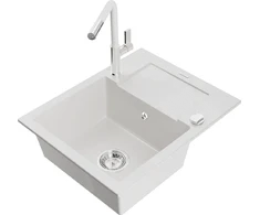 Granitinė virtuvinė plautuvė Mexen Enzo su maišytuvu ir sifonu, Baltas+Baltas/Chrome