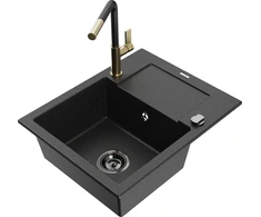 Granitinė virtuvinė plautuvė Mexen Enzo su maišytuvu ir sifonu, Metallic juodas/sidabrinis+Juodas/Gold