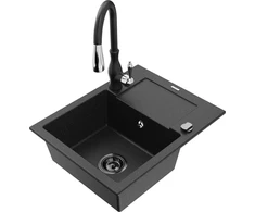 Granitinė virtuvinė plautuvė Mexen Enzo su maišytuvu ir sifonu, Metallic juodas/sidabrinis+Juodas