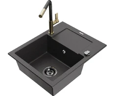 Granitinė virtuvinė plautuvė Mexen Enzo su maišytuvu ir sifonu, Juodas granite+Juodas granite/Gold