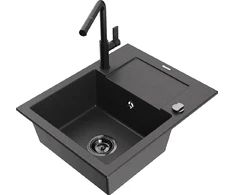 Granitinė virtuvinė plautuvė Mexen Enzo su maišytuvu ir sifonu, Juodas granite+Juodas