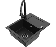 Granitinė virtuvinė plautuvė Mexen Enzo su maišytuvu ir sifonu, Metallic juodas/sidabrinis+Juodas