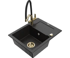 Granitinė virtuvinė plautuvė Mexen Enzo su maišytuvu ir sifonu, Metallic juodas/sidabrinis+Juodas/Gold
