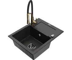 Granitinė virtuvinė plautuvė Mexen Enzo su maišytuvu ir sifonu, Metallic juodas/sidabrinis+Juodas/Gold