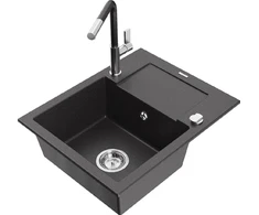 Granitinė virtuvinė plautuvė Mexen Enzo su maišytuvu ir sifonu, Juodas granite+Juodas/Chrome
