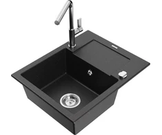 Granitinė virtuvinė plautuvė Mexen Enzo su maišytuvu ir sifonu, Metallic juodas/sidabrinis+Chrome