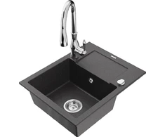 Granitinė virtuvinė plautuvė Mexen Enzo su maišytuvu ir sifonu, Juodas granite+Chrome