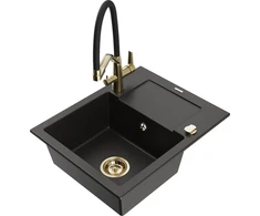 Granitinė virtuvinė plautuvė Mexen Enzo su maišytuvu ir sifonu, Metallic juodas/auksinis+Juodas/Gold