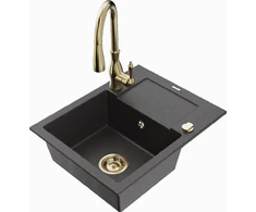 Granitinė virtuvinė plautuvė Mexen Enzo su maišytuvu ir sifonu, Juodas granite+Gold