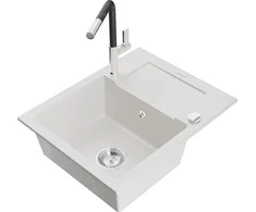 Granitinė virtuvinė plautuvė Mexen Enzo su maišytuvu ir sifonu, Baltas+Juodas/Chrome