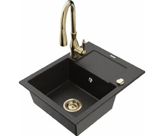 Granitinė virtuvinė plautuvė Mexen Enzo su maišytuvu ir sifonu, Metallic juodas/auksinis+Gold