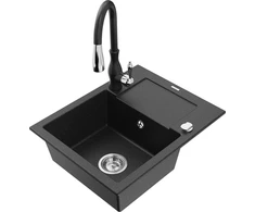 Granitinė virtuvinė plautuvė Mexen Enzo su maišytuvu ir sifonu, Metallic juodas/sidabrinis+Juodas