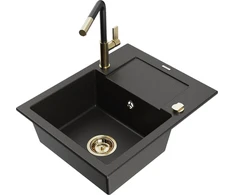 Granitinė virtuvinė plautuvė Mexen Enzo su maišytuvu ir sifonu, Metallic juodas/auksinis+Juodas/Gold