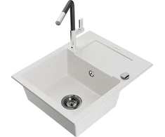 Granitinė virtuvinė plautuvė Mexen Enzo su maišytuvu ir sifonu, Baltas+Juodas/Chrome