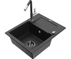 Granitinė virtuvinė plautuvė Mexen Enzo su maišytuvu ir sifonu, Metallic juodas/sidabrinis+Juodas/Chrome