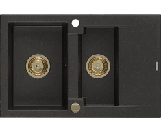 Granitinė virtuvinė plautuvė Mexen Gaspar su sifonu, Metallic juodas/auksinis+Gold, 737 x 475 mm