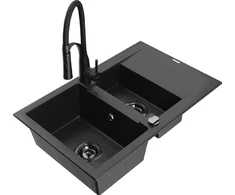 Granitinė virtuvinė plautuvė Mexen Gaspar su maišytuvu ir sifonu, Metallic juodas/sidabrinis+Juodas