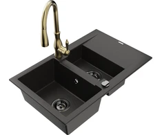 Granitinė virtuvinė plautuvė Mexen Gaspar su maišytuvu ir sifonu, Metallic juodas/auksinis+Gold