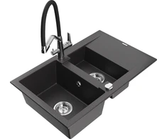 Granitinė virtuvinė plautuvė Mexen Gaspar su maišytuvu ir sifonu, Juodas granite+Juodas/Chrome