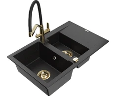 Granitinė virtuvinė plautuvė Mexen Gaspar su maišytuvu ir sifonu, Metallic juodas/sidabrinis+Juodas/Gold