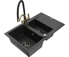 Granitinė virtuvinė plautuvė Mexen Gaspar su maišytuvu ir sifonu, Metallic juodas/sidabrinis+Juodas/Gold