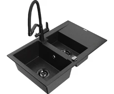 Granitinė virtuvinė plautuvė Mexen Gaspar su maišytuvu ir sifonu, Metallic juodas/sidabrinis+Juodas