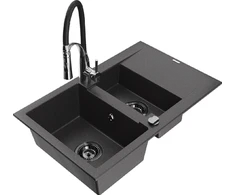 Granitinė virtuvinė plautuvė Mexen Gaspar su maišytuvu ir sifonu, Juodas granite+Juodas/Chrome