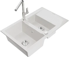 Granitinė virtuvinė plautuvė Mexen Gaspar su maišytuvu ir sifonu, Baltas+Chrome