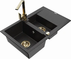 Granitinė virtuvinė plautuvė Mexen Gaspar su maišytuvu ir sifonu, Metallic juodas/sidabrinis+Gold