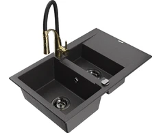 Granitinė virtuvinė plautuvė Mexen Gaspar su maišytuvu ir sifonu, Juodas granite+Juodas/Gold