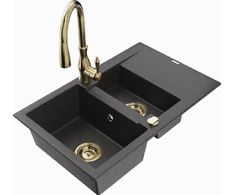 Granitinė virtuvinė plautuvė Mexen Gaspar su maišytuvu ir sifonu, Juodas granite+Gold
