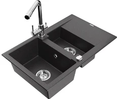 Granitinė virtuvinė plautuvė Mexen Gaspar su maišytuvu ir sifonu, Juodas granite+Chrome