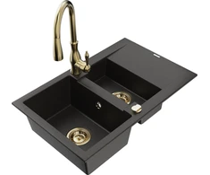 Granitinė virtuvinė plautuvė Mexen Gaspar su maišytuvu ir sifonu, Metallic juodas/auksinis+Gold