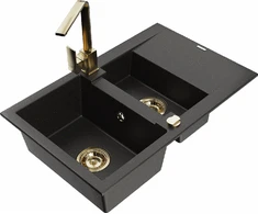 Granitinė virtuvinė plautuvė Mexen Gaspar su maišytuvu ir sifonu, Metallic juodas/auksinis+Gold