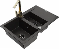 Granitinė virtuvinė plautuvė Mexen Gaspar su maišytuvu ir sifonu, Metallic juodas/auksinis+Gold