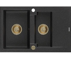 Granitinė virtuvinė plautuvė Mexen Gaspar su sifonu, Metallic juodas/sidabrinis+Gold, 737 x 475 mm