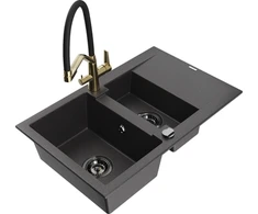 Granitinė virtuvinė plautuvė Mexen Gaspar su maišytuvu ir sifonu, Juodas granite+Juodas/Gold