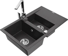 Granitinė virtuvinė plautuvė Mexen Gaspar su maišytuvu ir sifonu, Juodas granite+Chrome